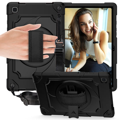 Black rugged tablet case with hand strap, kickstand, and device window