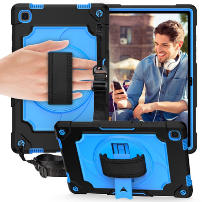 Protective tablet case with blue shockproof shell, black strap, and rotating kickstand