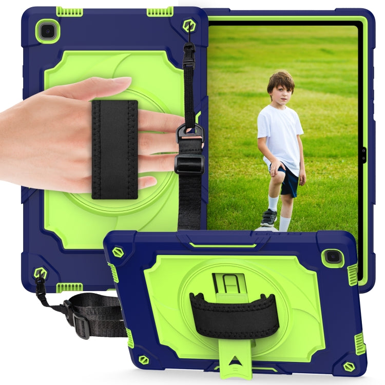 Protective tablet case in navy and neon green, with black strap and stand cradle