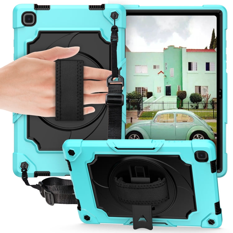 Protective tablet case in light blue with black strap and stand cradle
