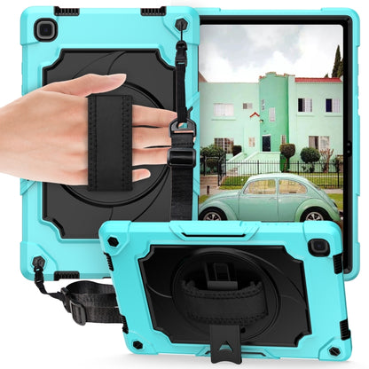 Protective tablet case in light blue with black strap and stand cradle
