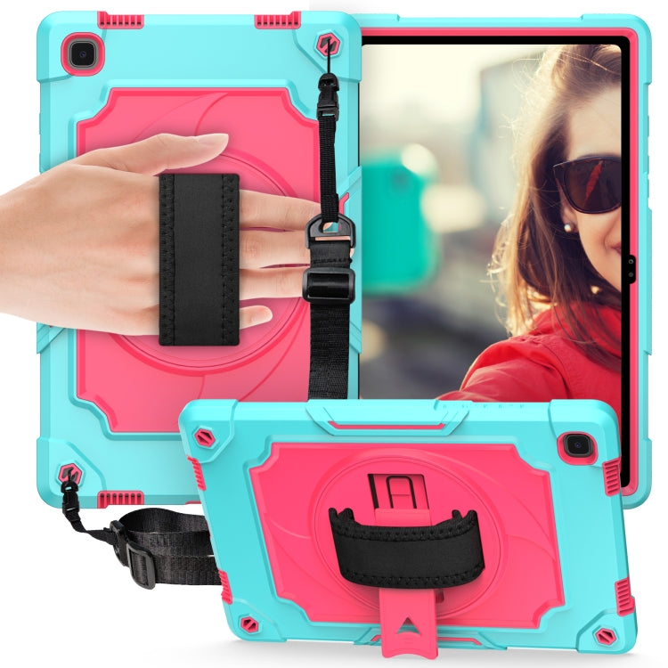 Turquoise and pink shockproof tablet case with black hand strap and kickstand