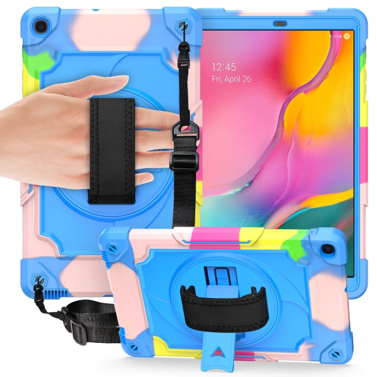 Kids rugged tablet protective case with hand strap, blue pastel shell and kickstand pocket