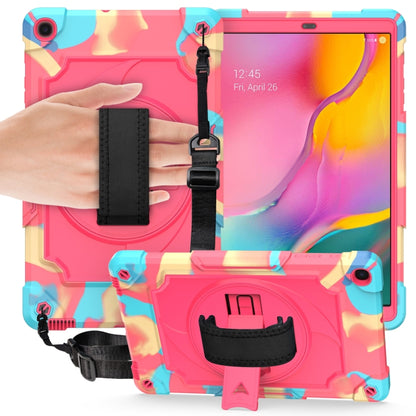 Kids protective tablet case with kickstand and shoulder strap, pink/blue with tablet screen visible.