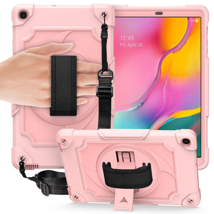 Kids protective tablet case with kickstand and shoulder strap, light pink with home screen visible.