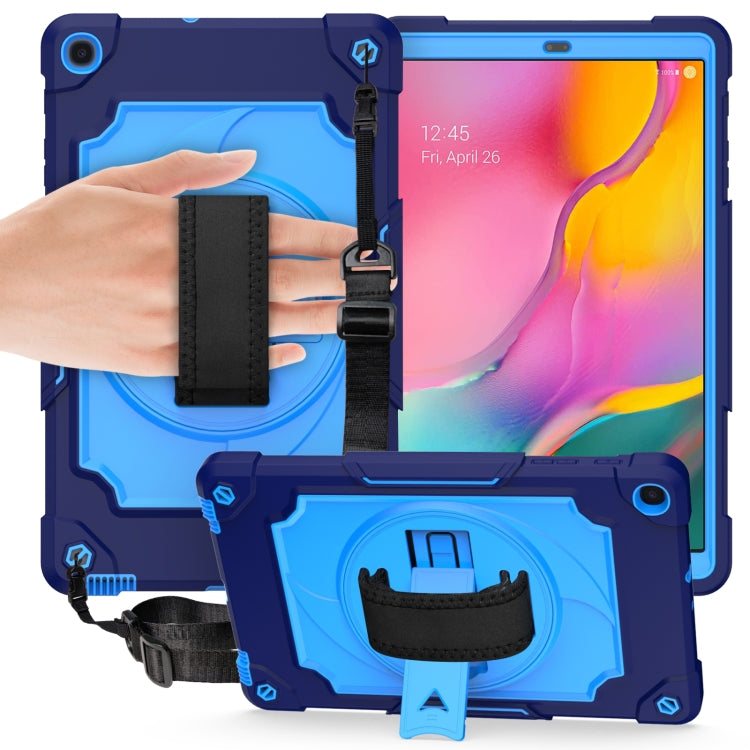 Blue shockproof tablet protective case with handle strap and built-in kickstand