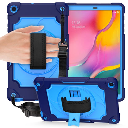 Blue shockproof tablet protective case with handle strap and built-in kickstand