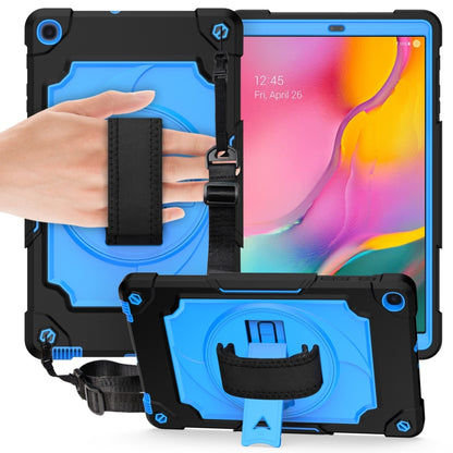 Protective tablet case with blue shockproof shell, black strap holder, and kickstand