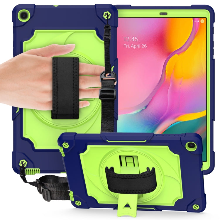 Protective tablet case with lime green shockproof shell, black strap, and rotating stand