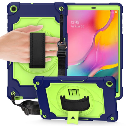 Protective tablet case with lime green shockproof shell, black strap, and rotating stand