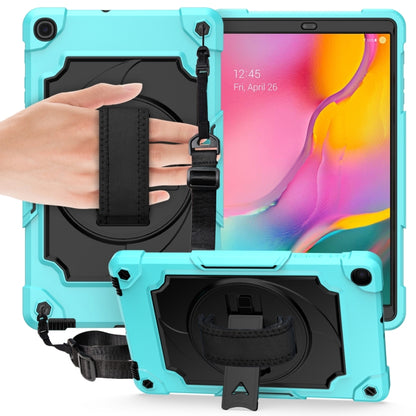 Turquoise and dark case with black kickstand and hand strap for tablet protection