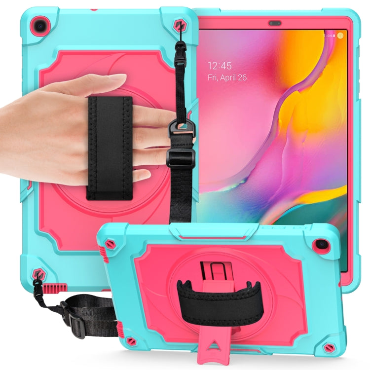 Turquoise tablet case with black hand strap and kickstand for everyday protection