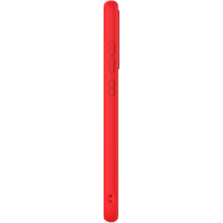 Red soft TPU phone case side profile with button cutouts