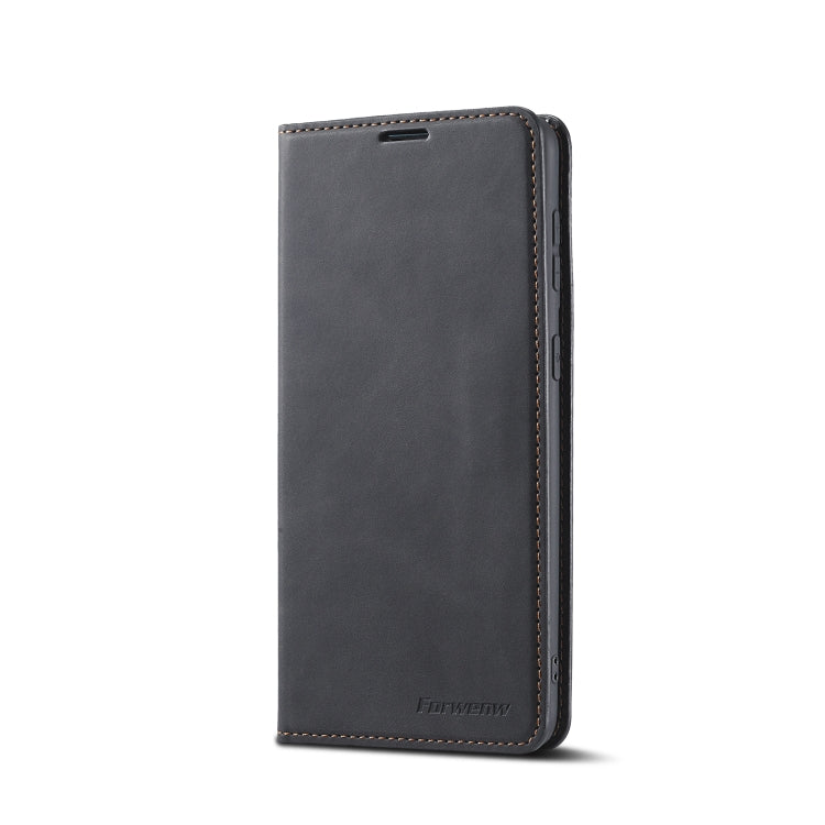 Black flip leather phone case, front view with camera cutouts