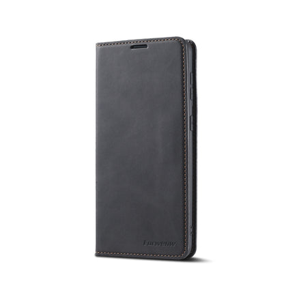 Black flip leather phone case, front view with camera cutouts