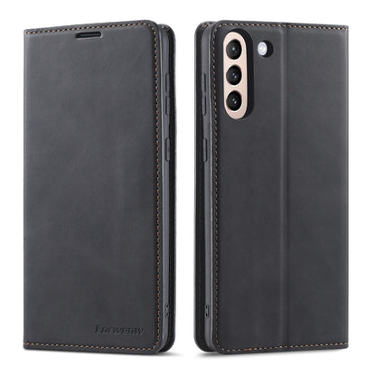 Black flip leather phone case front and back view with card slots