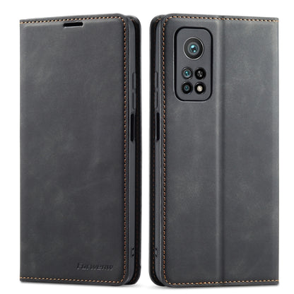 Black flip leather phone case with camera cutout and magnetic closure