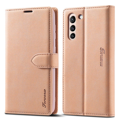 Rose gold leather flip phone wallet case shown open and closed with stitched flap