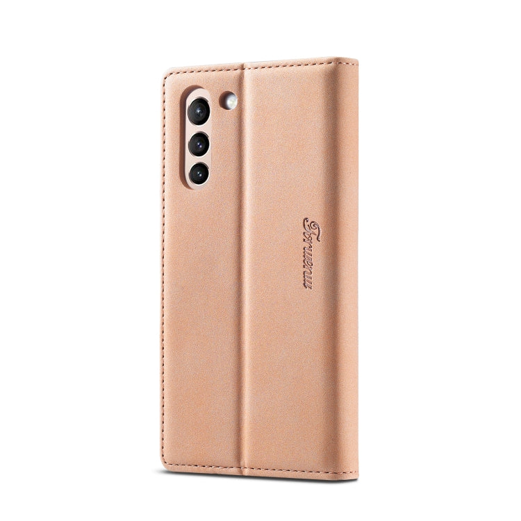 Rose gold leather phone case with vertical camera cutout and embossed brand logo