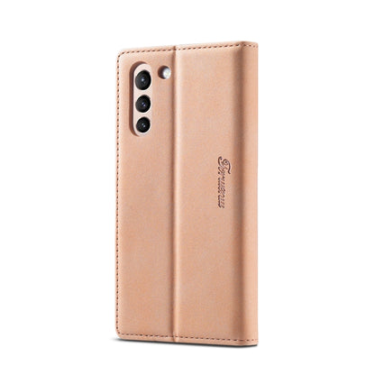 Rose gold leather phone case with vertical camera cutout and embossed brand logo