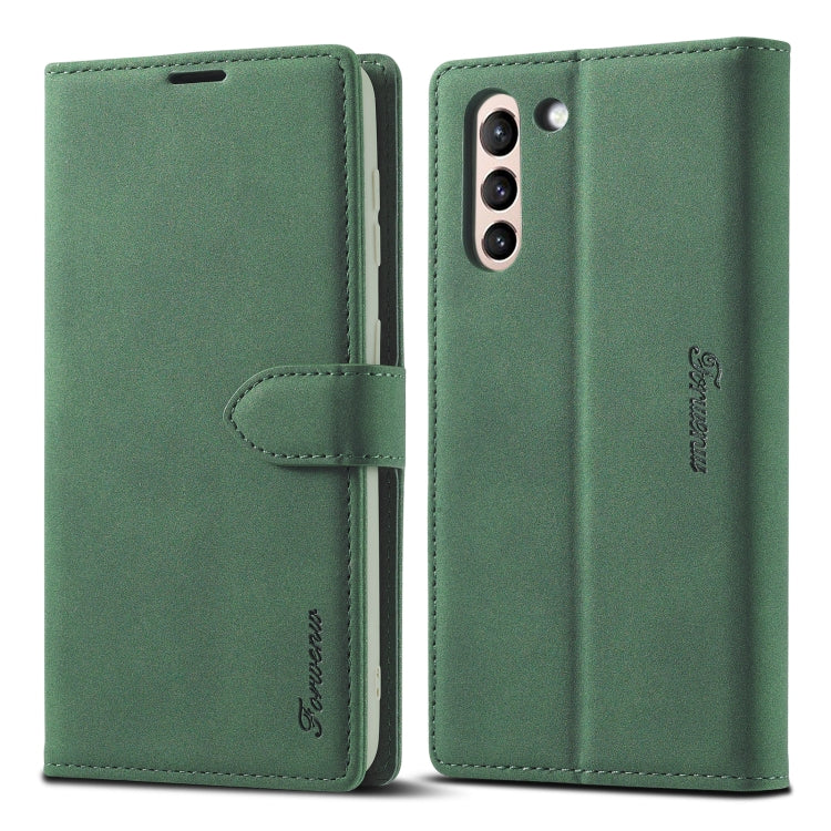 Green leather flip phone wallet case shown open and closed with stitched flap