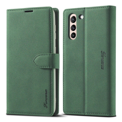 Green leather flip phone wallet case shown open and closed with stitched flap