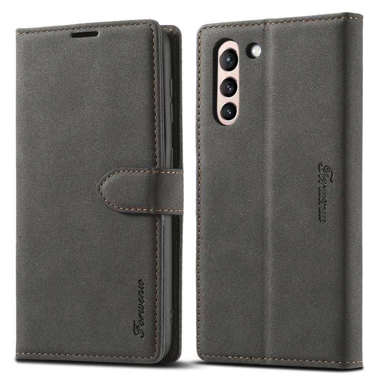 Dark gray leather flip phone wallet case shown open and closed with stitched flap