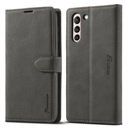 Dark gray leather flip phone wallet case shown open and closed with stitched flap