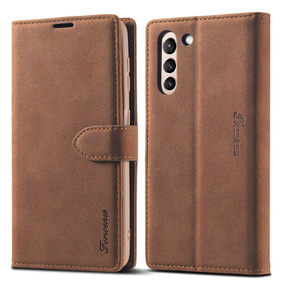 Brown leather flip phone wallet case with stitched flap and camera cutouts