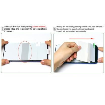 Hydrogel back protector film being peeled at corners; hands lift the liner