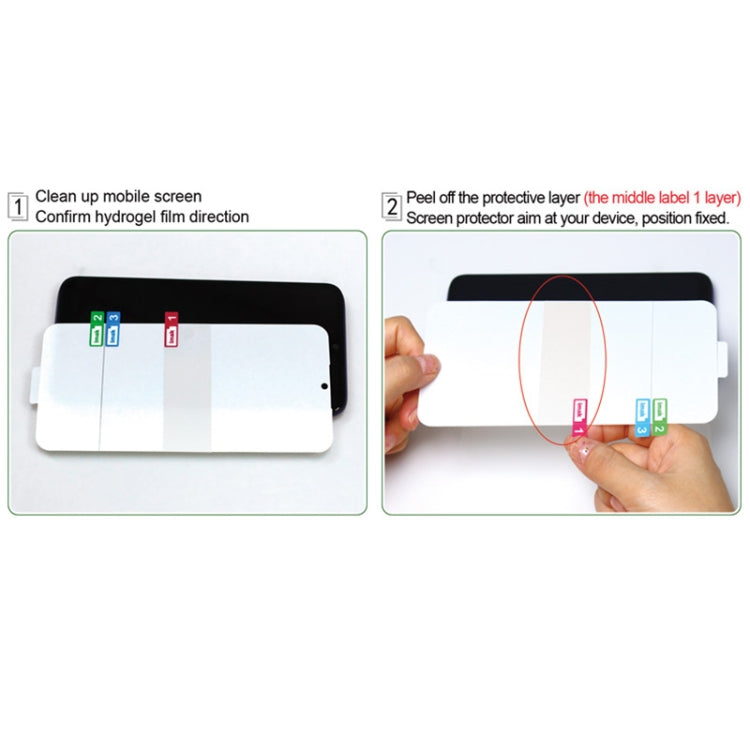 Screen protector film layers being positioned on a smartphone screen for full coverage.