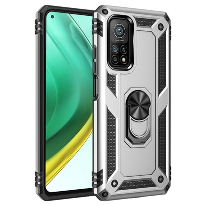 White shockproof TPU+PC phone case with rotating ring holder and textured shock-absorbing edges