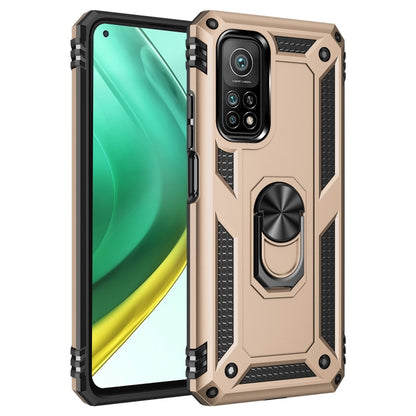 Beige/gold shockproof TPU+PC phone case with rotating ring holder and camera cutout