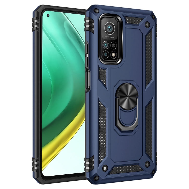 Navy blue shockproof TPU+PC phone case with rotating ring holder and raised camera bezel