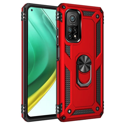 Red shockproof TPU+PC phone case with rotating ring holder and textured grip sides