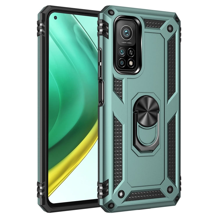 Shockproof phone case with 360° rotating holder, dark green with black armor rails.
