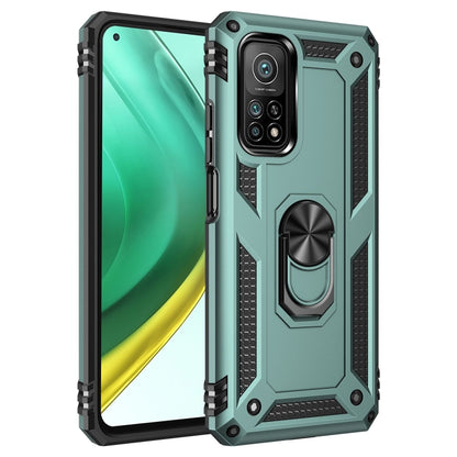 Shockproof phone case with 360° rotating holder, dark green with black armor rails.