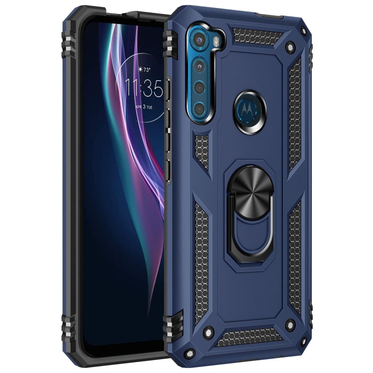 Blue shockproof TPU+PC phone case with rotating ring holder and raised camera protection