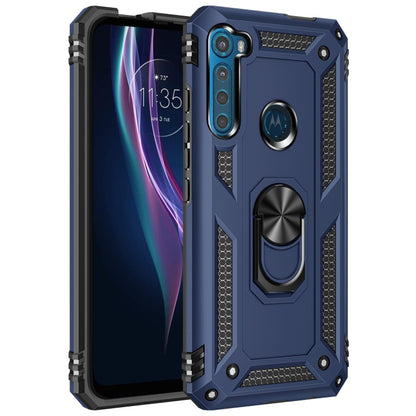 Blue shockproof TPU+PC phone case with rotating ring holder and raised camera protection
