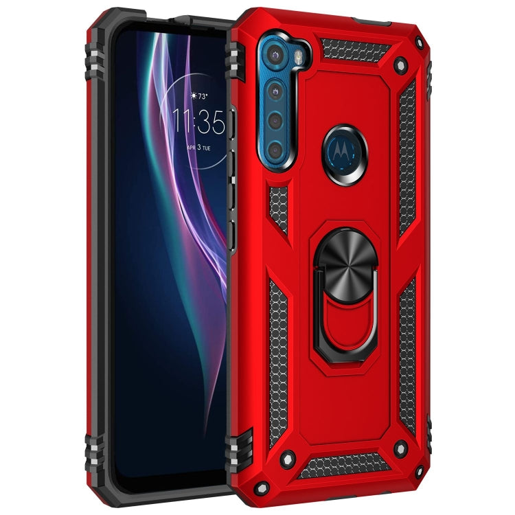 Red shockproof TPU+PC phone case with rotating ring holder and rugged textured corners