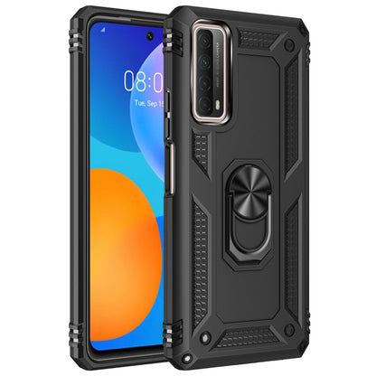 Black shockproof TPU+PC phone case with rotating ring holder and grippy textured frame