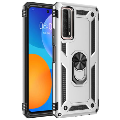 Silver shockproof TPU+PC phone case with rotating ring holder and raised camera protection