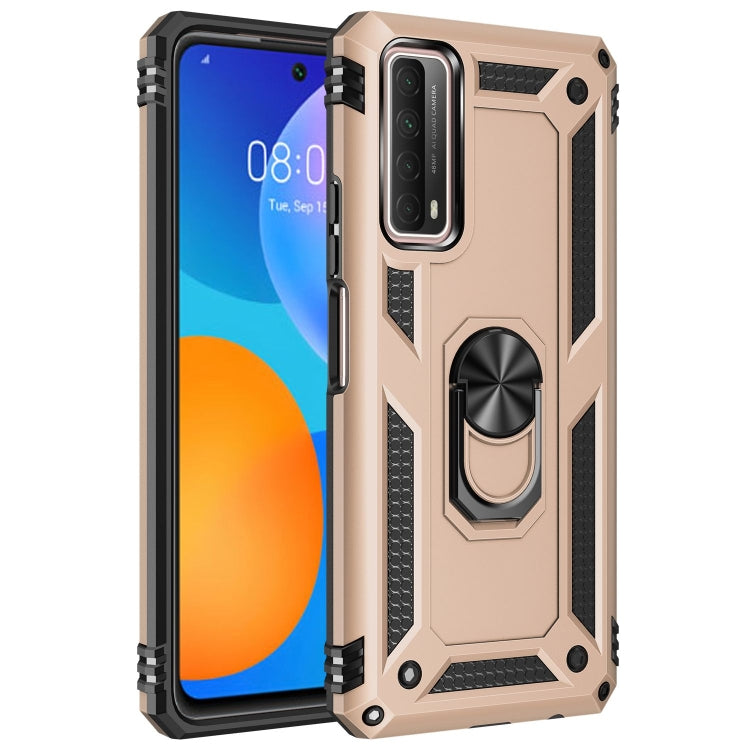 Shockproof phone case with 360° rotating holder, tan with black armor rails.
