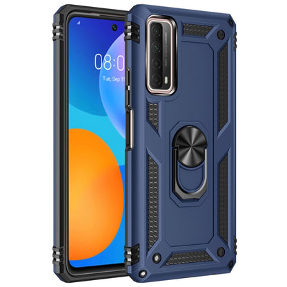 Shockproof phone case with 360° rotating holder, navy blue with black armor rails.