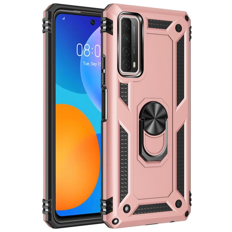 Shockproof phone case with 360° rotating holder, pink with black armor rails.