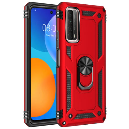 Shockproof phone case with 360° rotating holder, red with black armor rails.