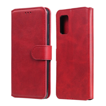 Red flip leather-style phone case with card holder strap and cutout for camera