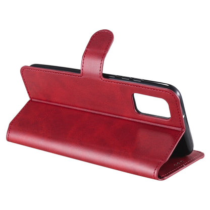 Red folio-style phone case stand with side strap and camera cutout viewing window