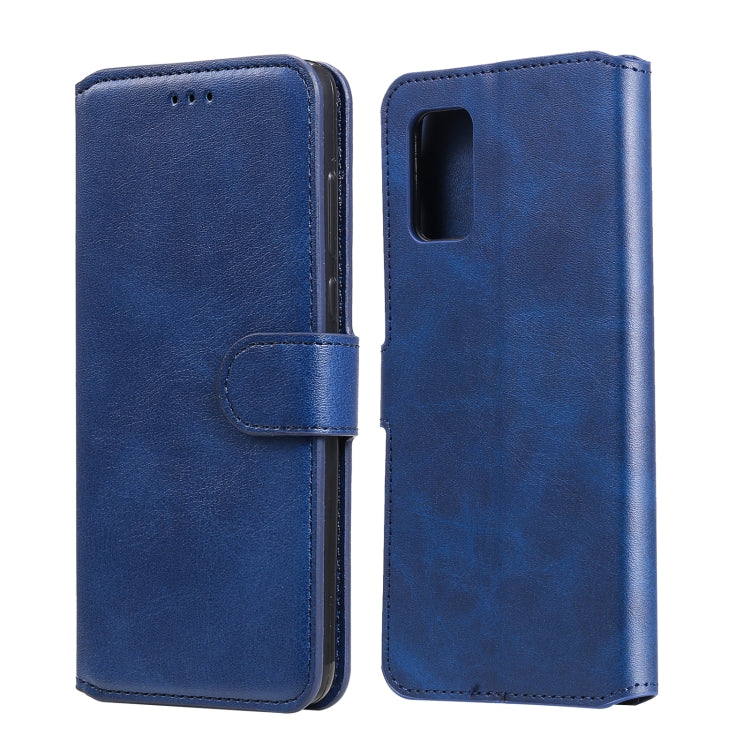 Blue folio wallet phone case with flip cover, card slots, and holder for phone