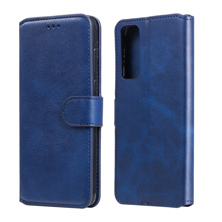 Blue folio wallet phone case with flip cover, card slots, and camera cutout for phone